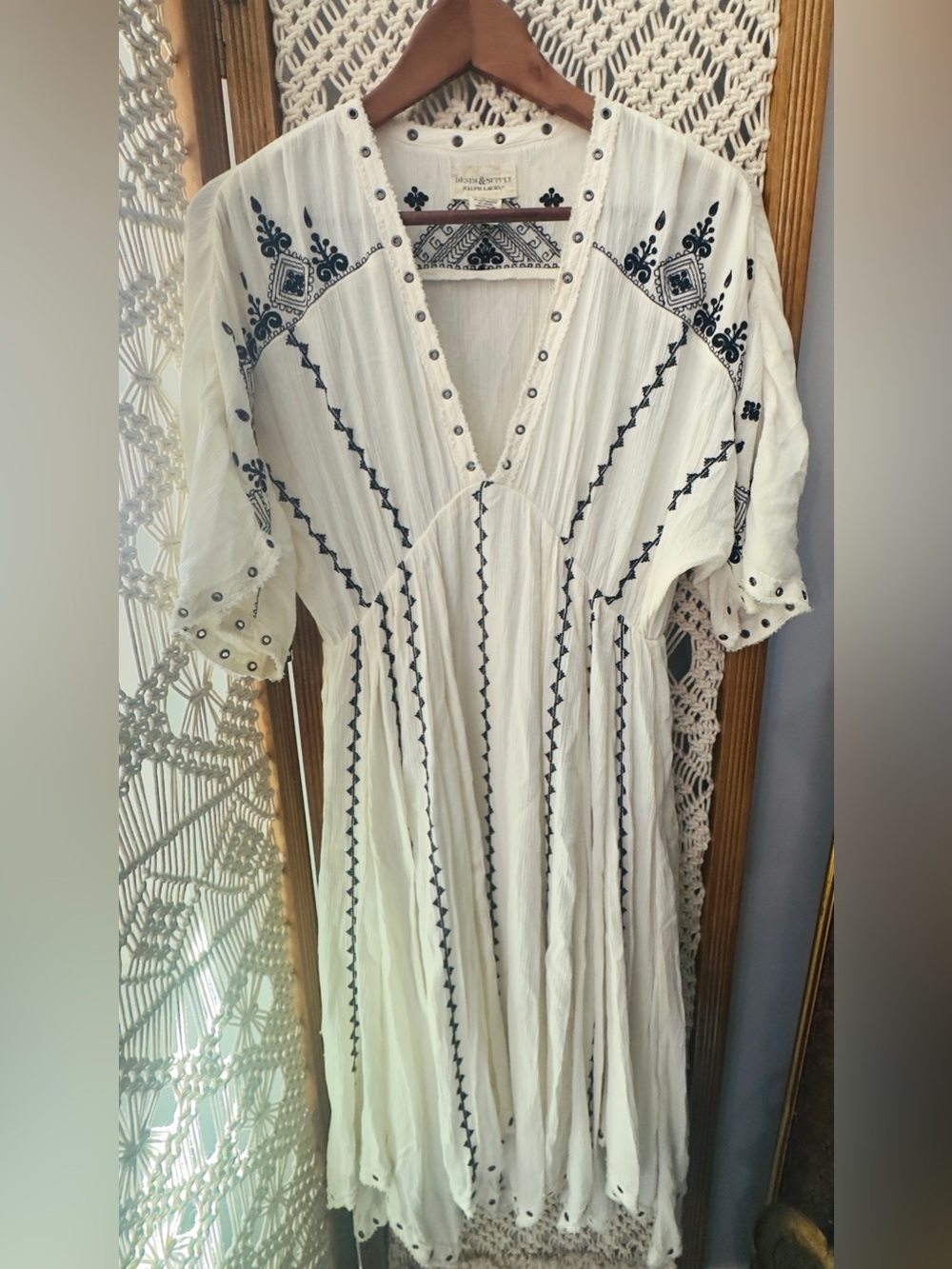 Ralph Lauren Denim & Supply Boho Embroidered Maxi Dress S/P Ivory Navy